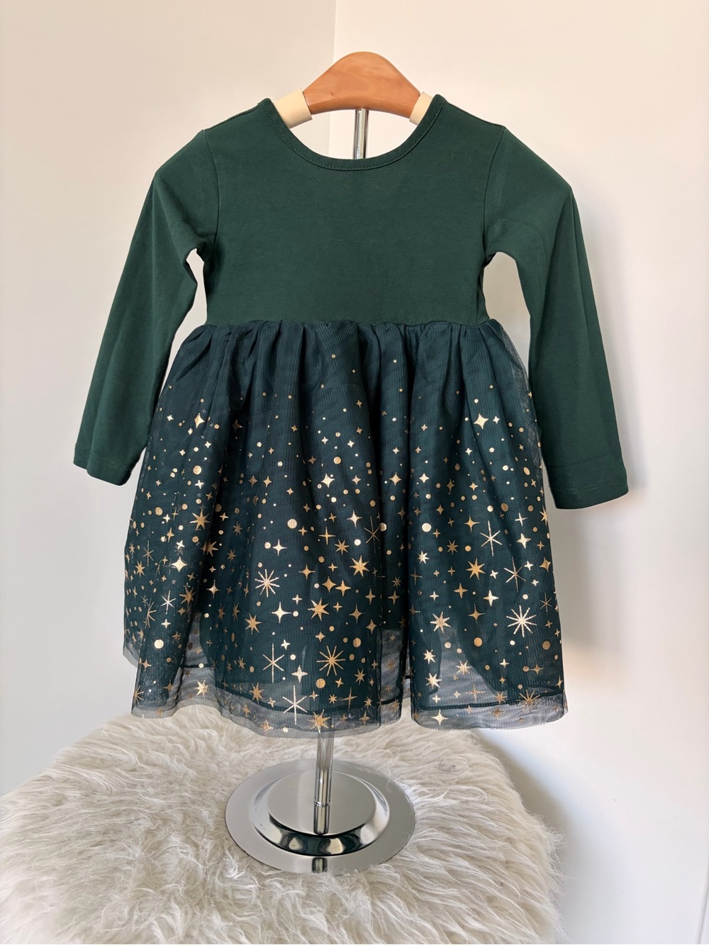Hanna Andersson Long Sleeve Tulle Shimmer Dress in Malachite Green